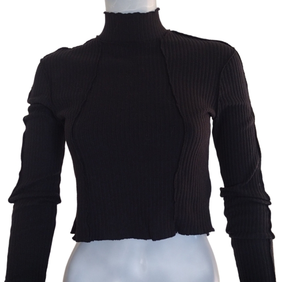 And Now This Top Womens Small Black Long Sleeve Ribbed Mock Neck Cropped Casual - Picture 1 of 11